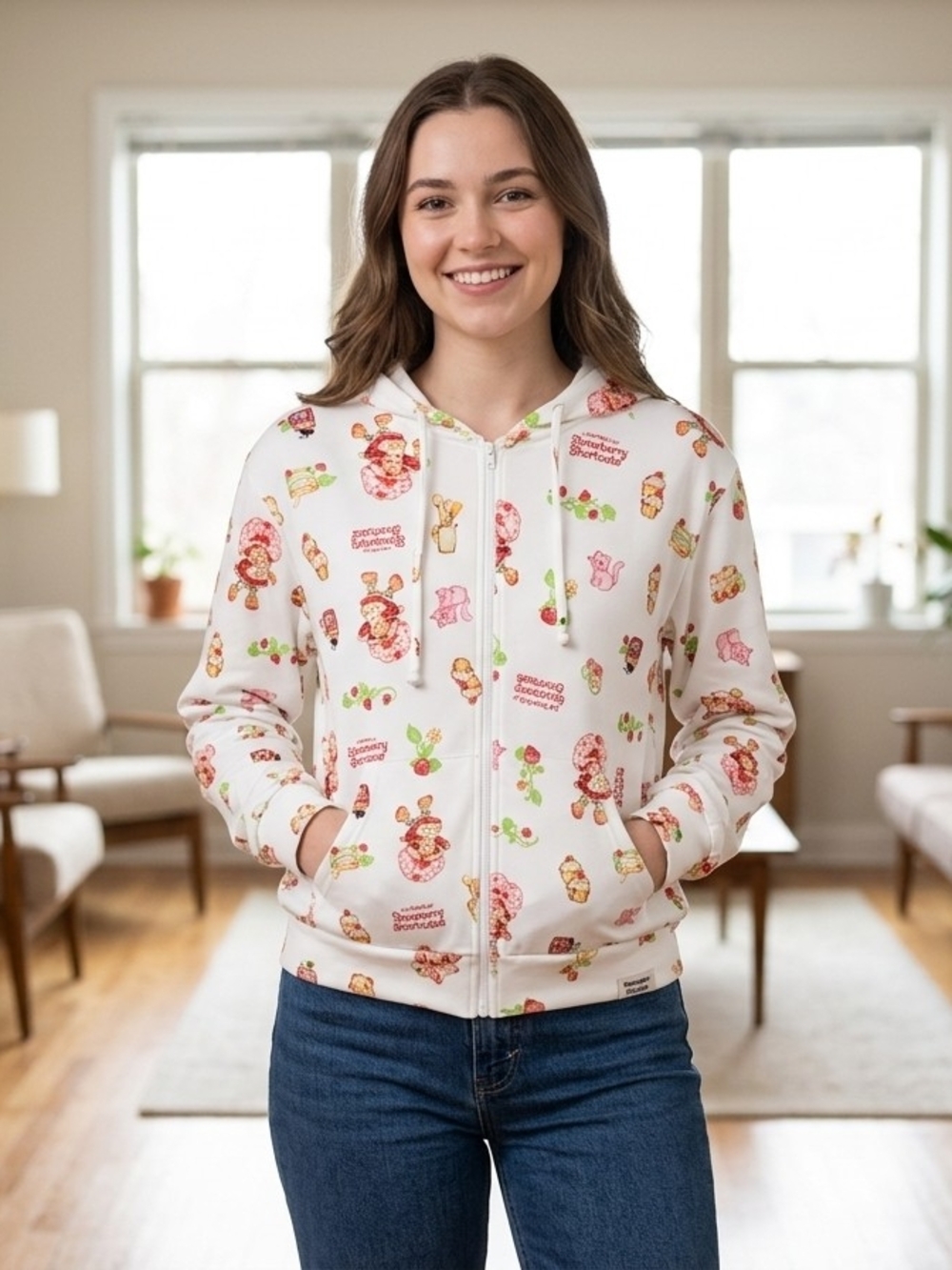 T.J.Maxx Cream Strawberry Print Zip Hoodie